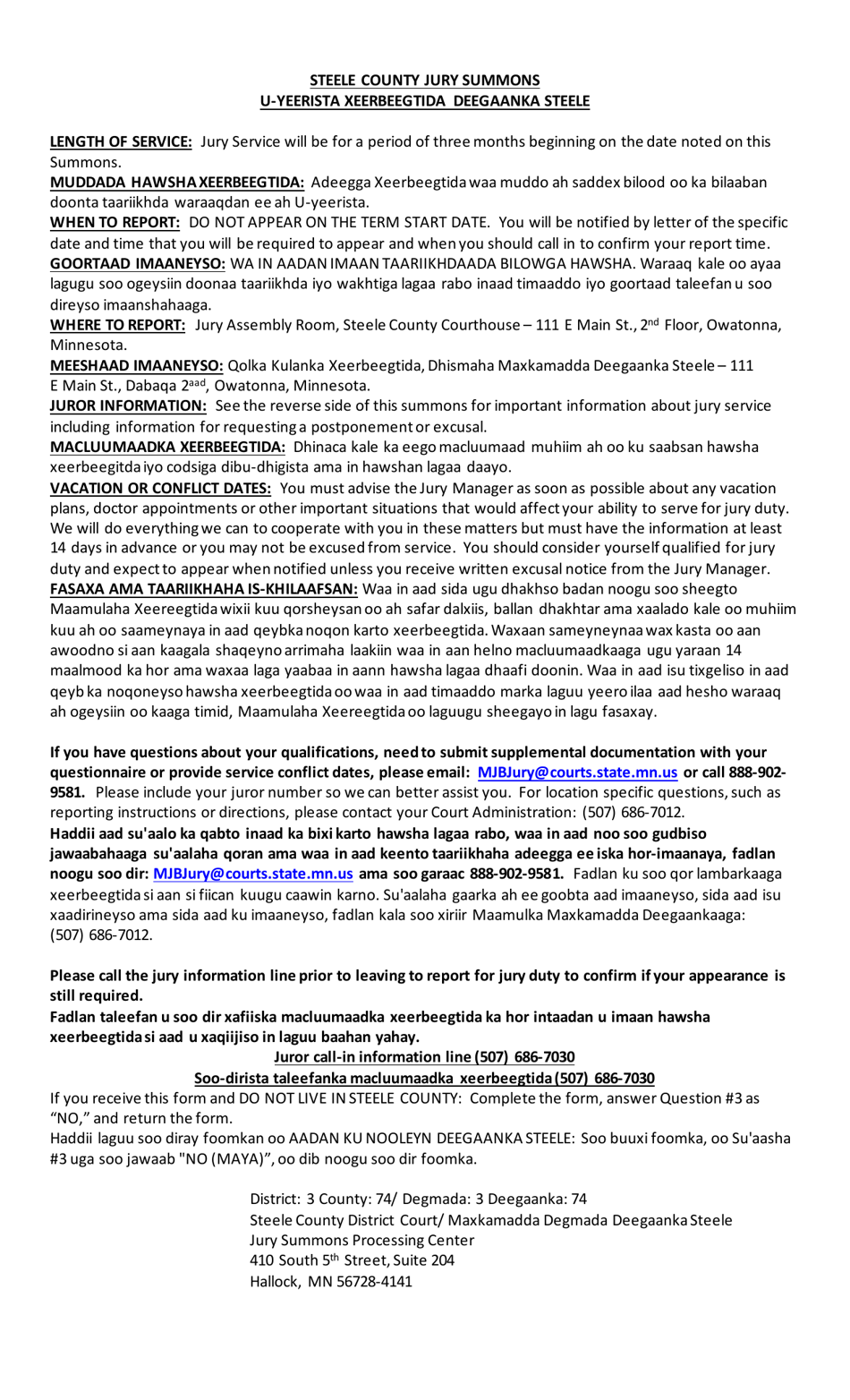 Summons and Qualification Questionnaire - Steele County - Minnesota (English / Somali), Page 2