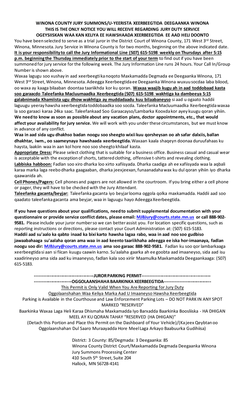 Summons and Qualification Questionnaire - Winona County - Minnesota (English / Somali), Page 2
