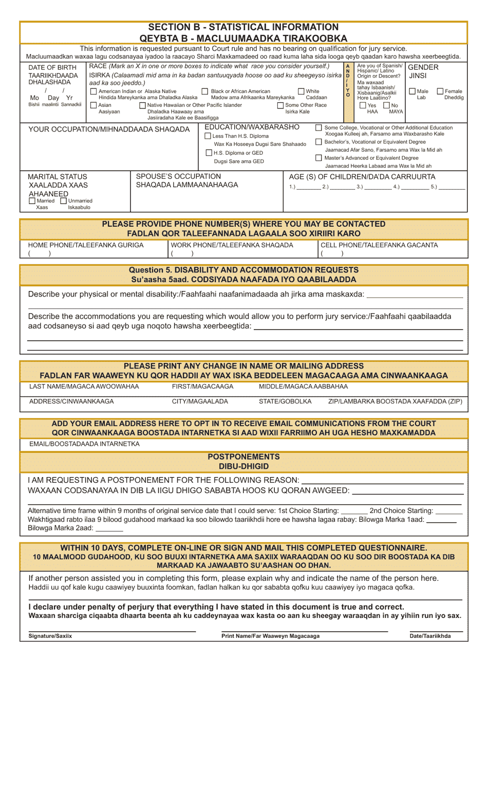 Summons and Qualification Questionnaire - Winona County - Minnesota (English / Somali), Page 5