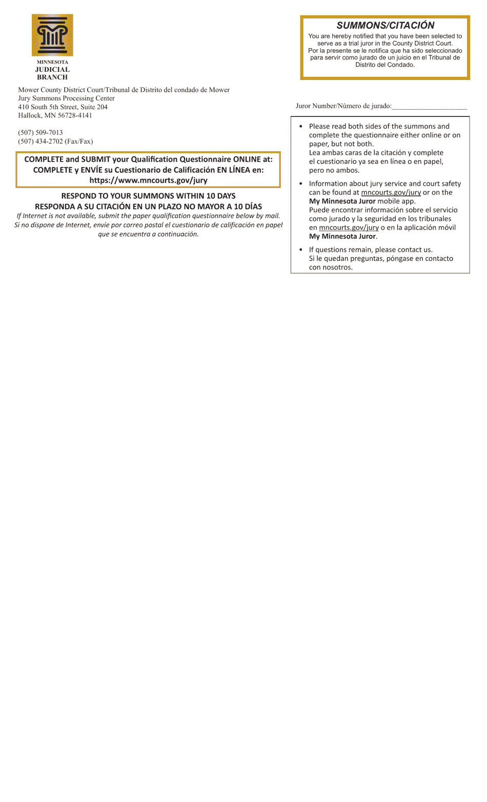 Summons and Qualification Questionnaire - Mower County - Minnesota (English / Spanish), Page 1