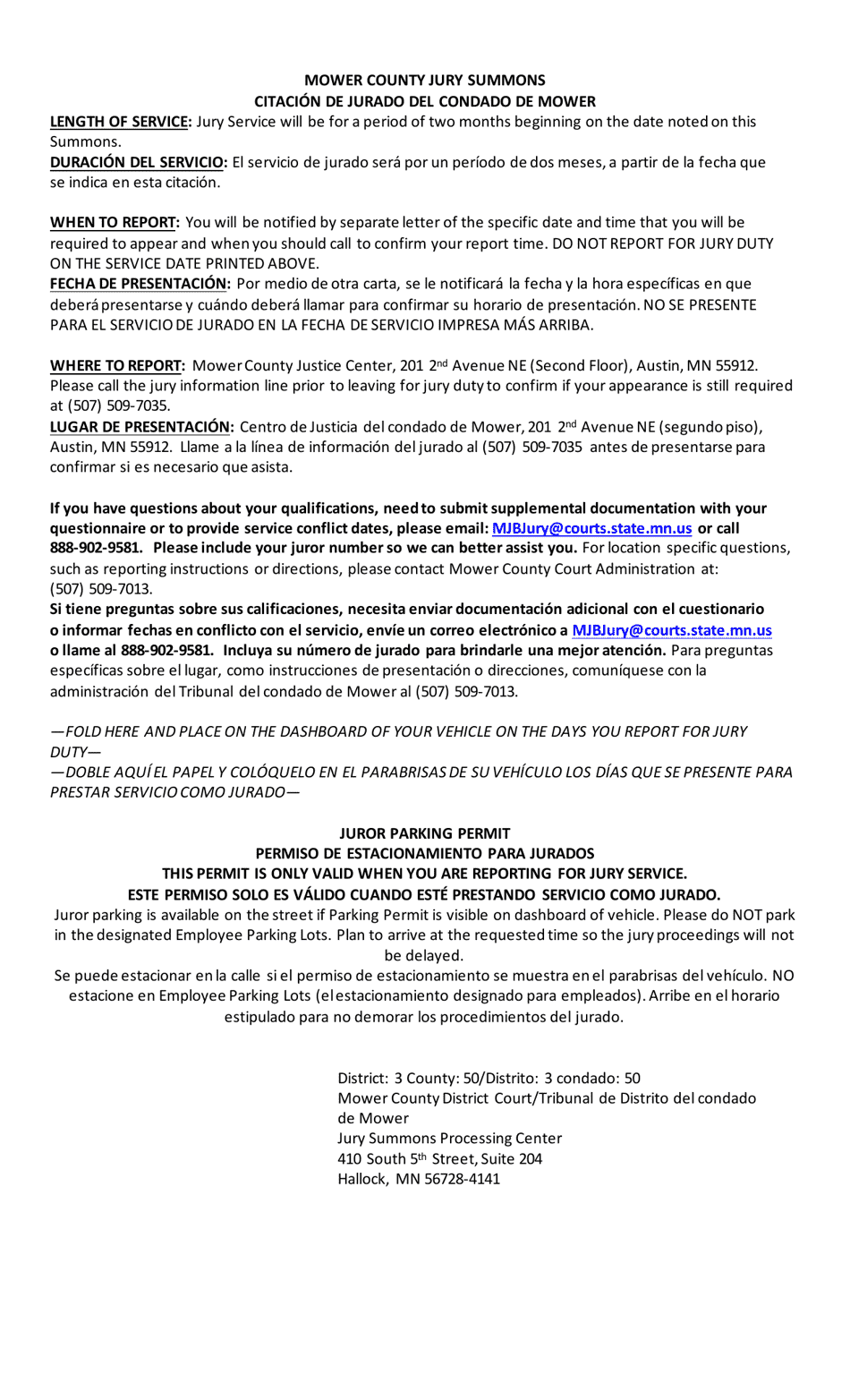 Summons and Qualification Questionnaire - Mower County - Minnesota (English / Spanish), Page 2