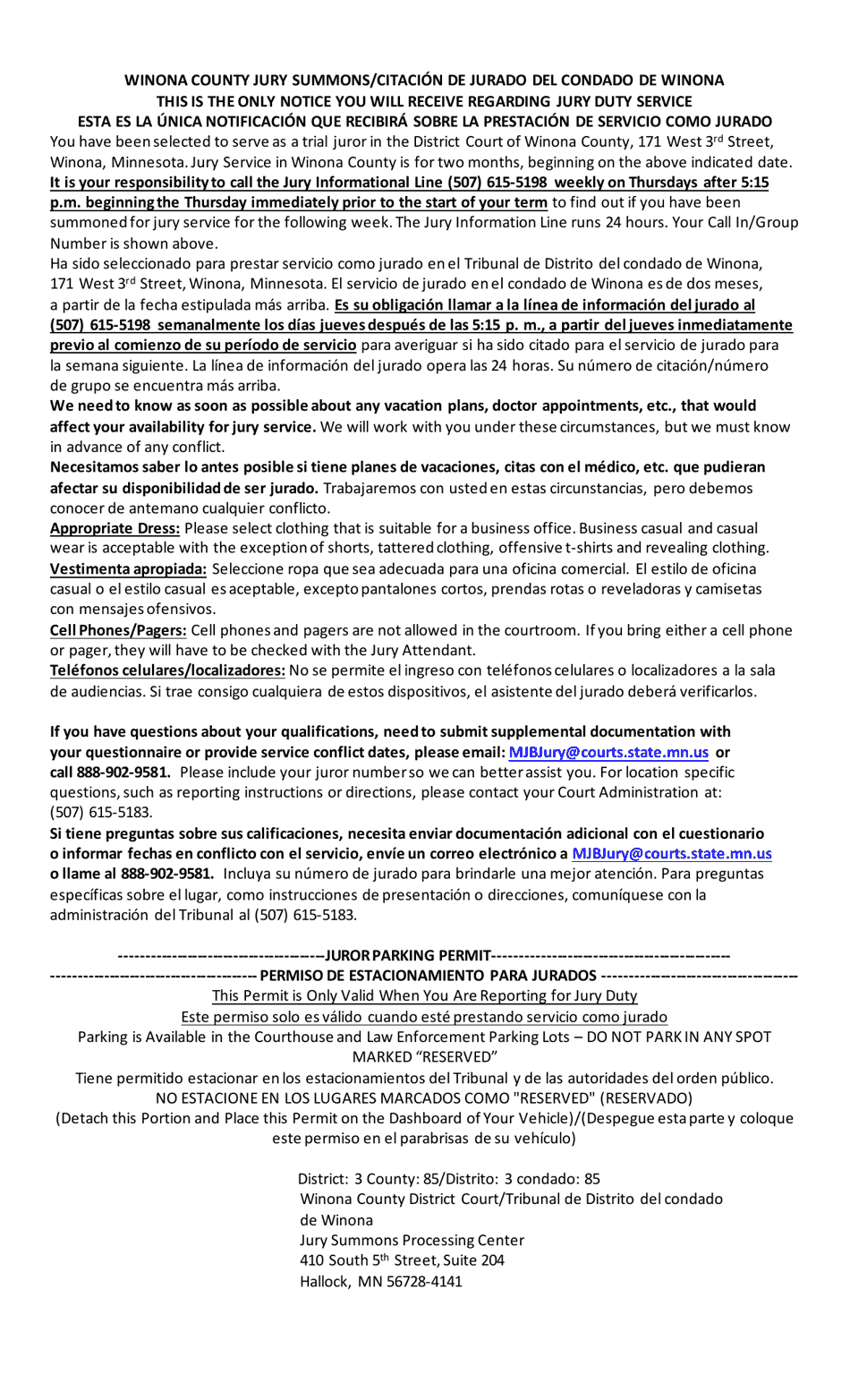 Summons and Qualification Questionnaire - Winona County - Minnesota (English / Spanish), Page 2