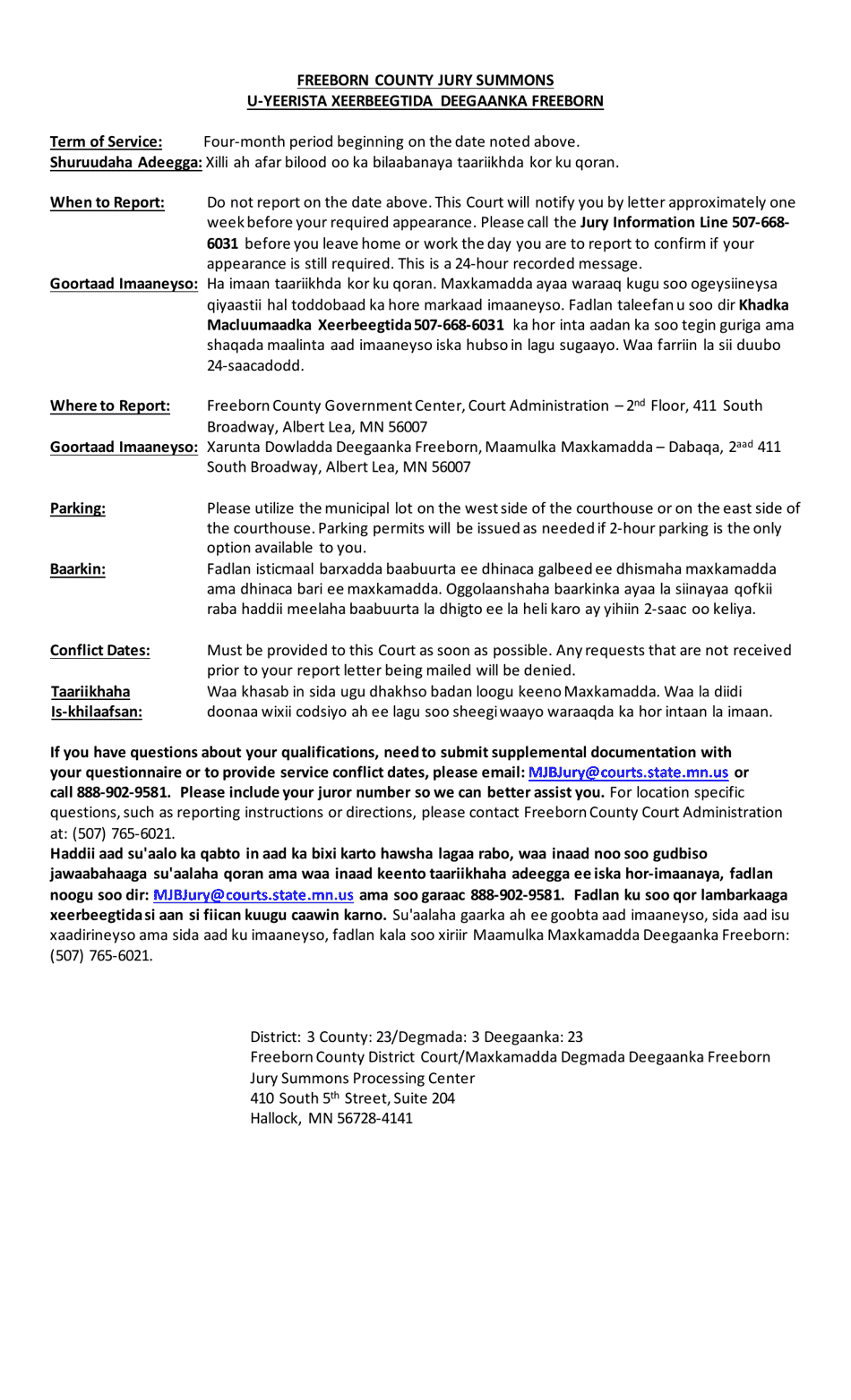 Summons and Qualification Questionnaire - Freeborn County - Minnesota (English / Somali), Page 2