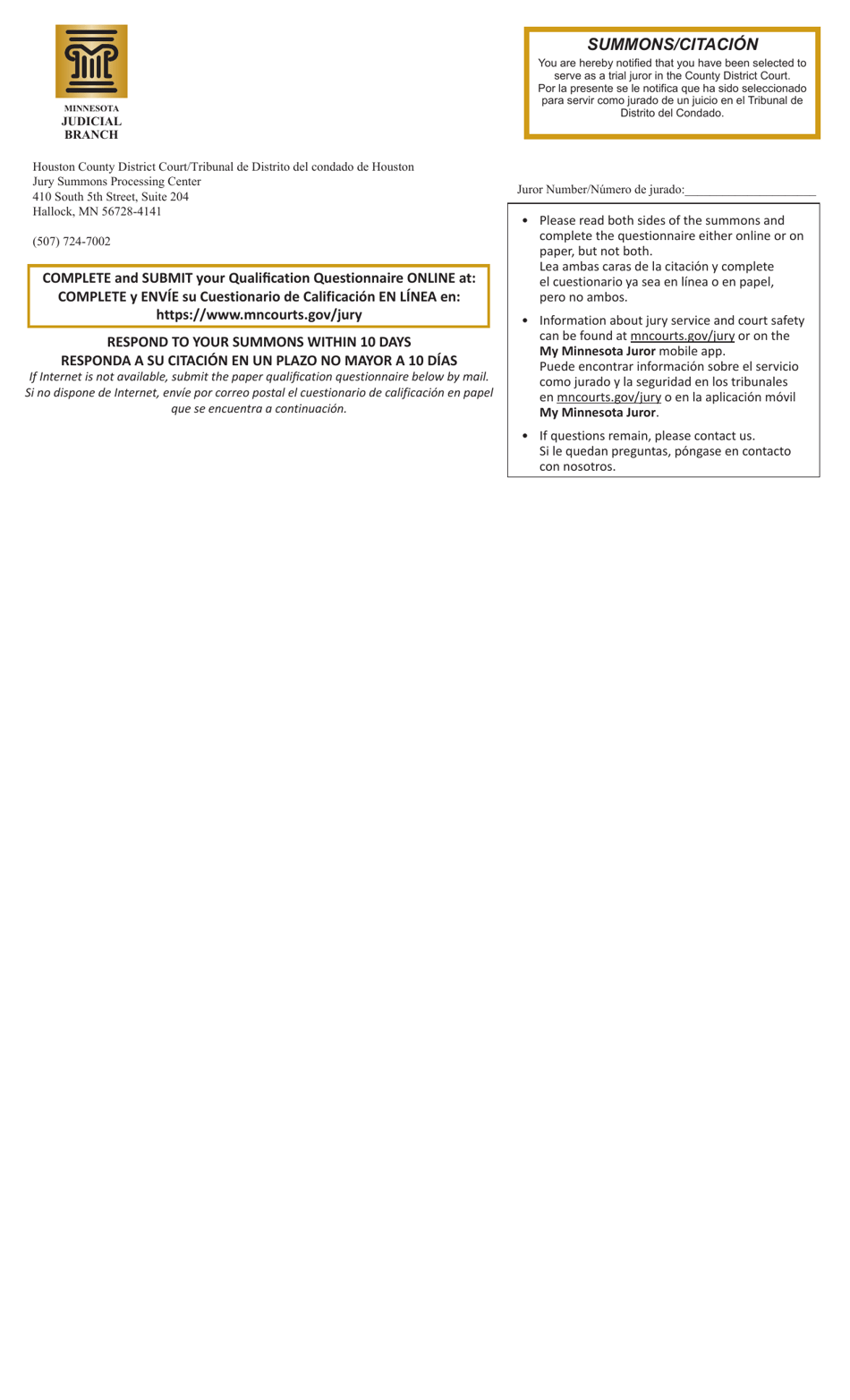 Summons and Qualification Questionnaire - Houston County - Minnesota (English / Spanish), Page 1