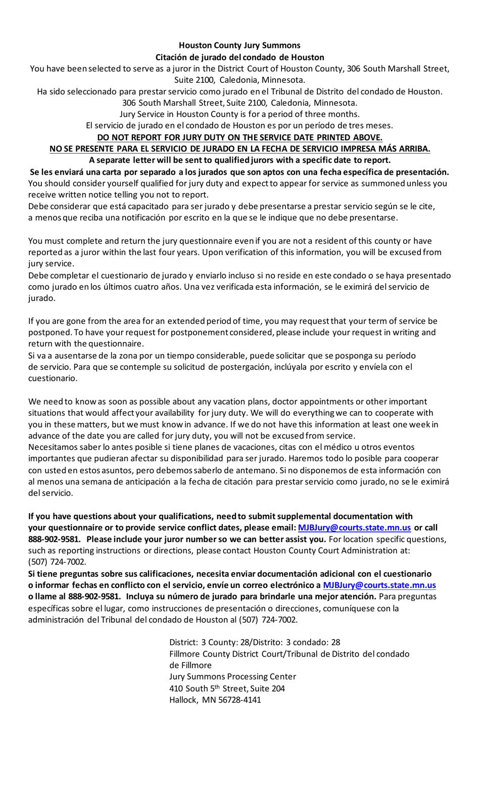 Summons and Qualification Questionnaire - Houston County - Minnesota (English / Spanish), Page 2
