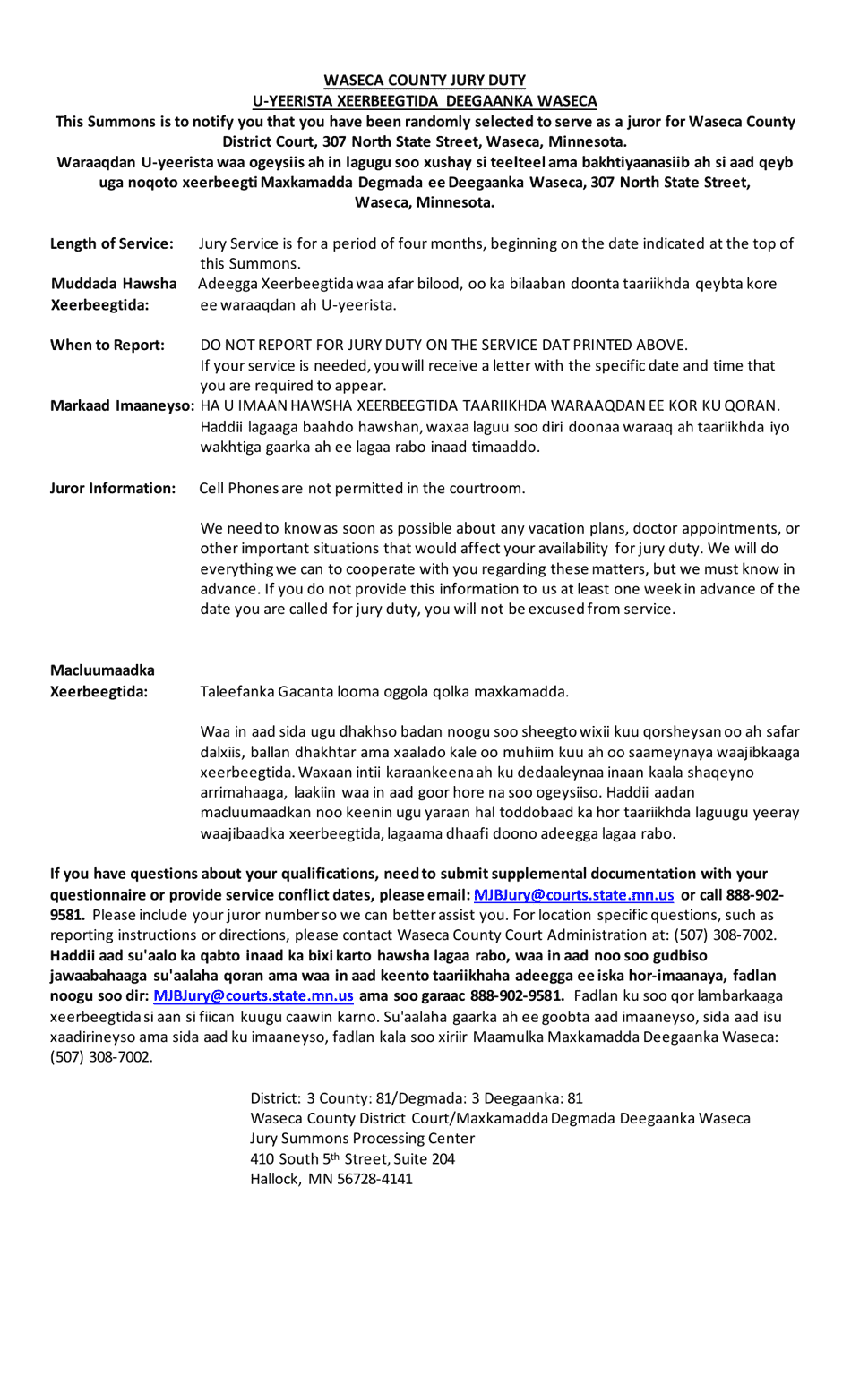 Summons and Qualification Questionnaire - Waseca County - Minnesota (English / Somali), Page 2