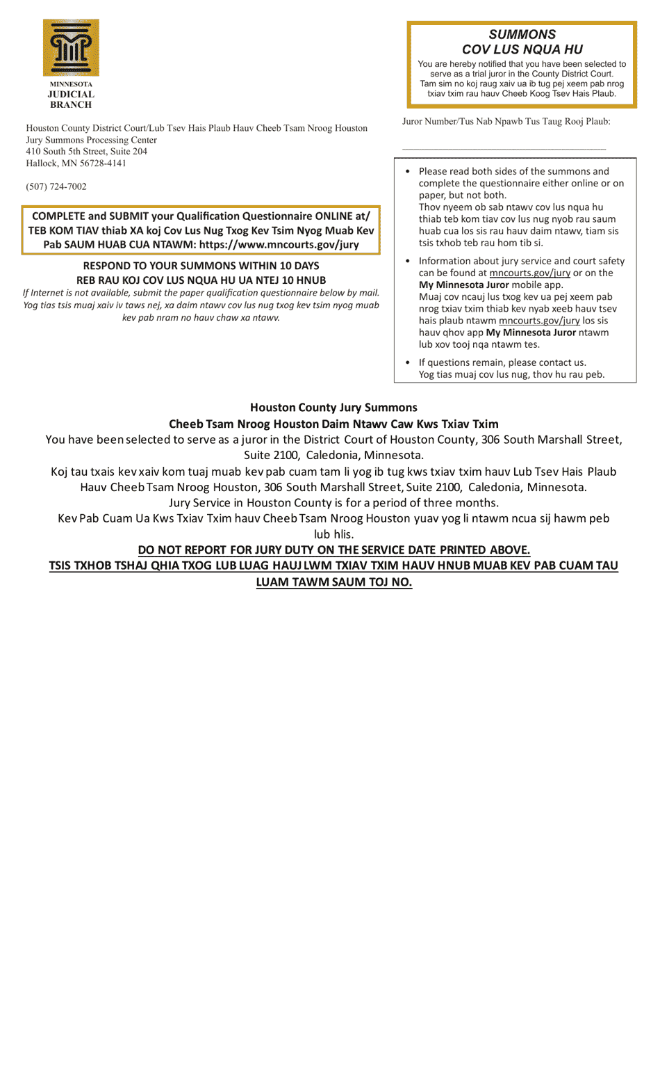 Summons and Qualification Questionnaire - Houston County - Minnesota (English / Hmong), Page 1