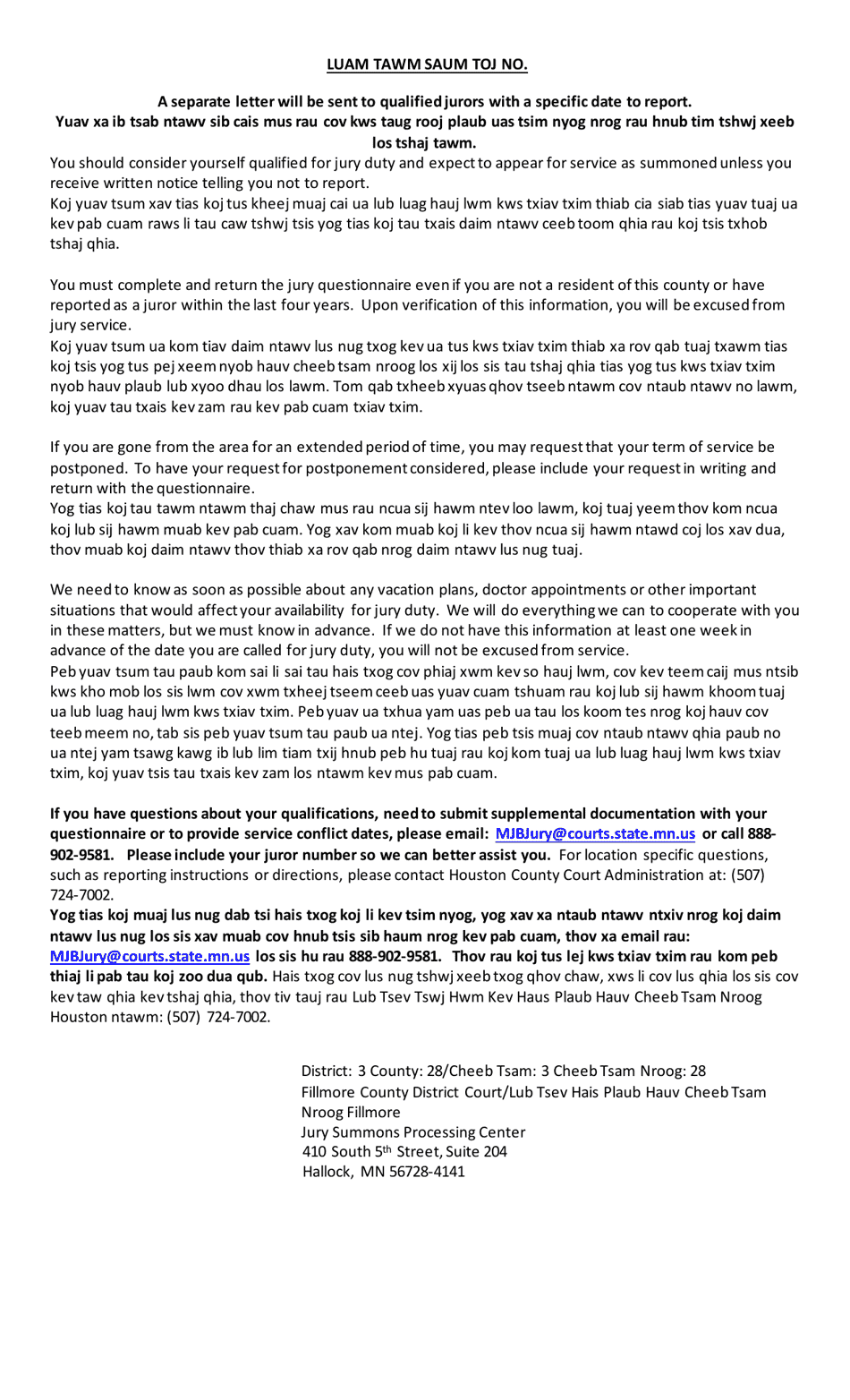 Summons and Qualification Questionnaire - Houston County - Minnesota (English / Hmong), Page 2