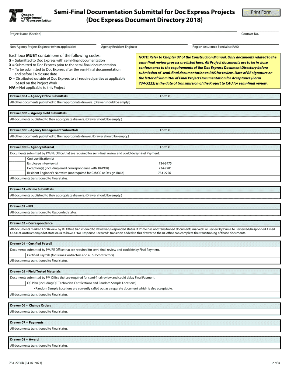 Form 734-2706B Semi-final Documentation Submittal for Doc Express Projects (Doc Express Document Directory 2018) - Oregon, Page 2