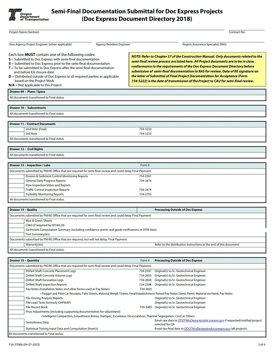 Form 734-2706B Semi-final Documentation Submittal for Doc Express Projects (Doc Express Document Directory 2018) - Oregon, Page 3