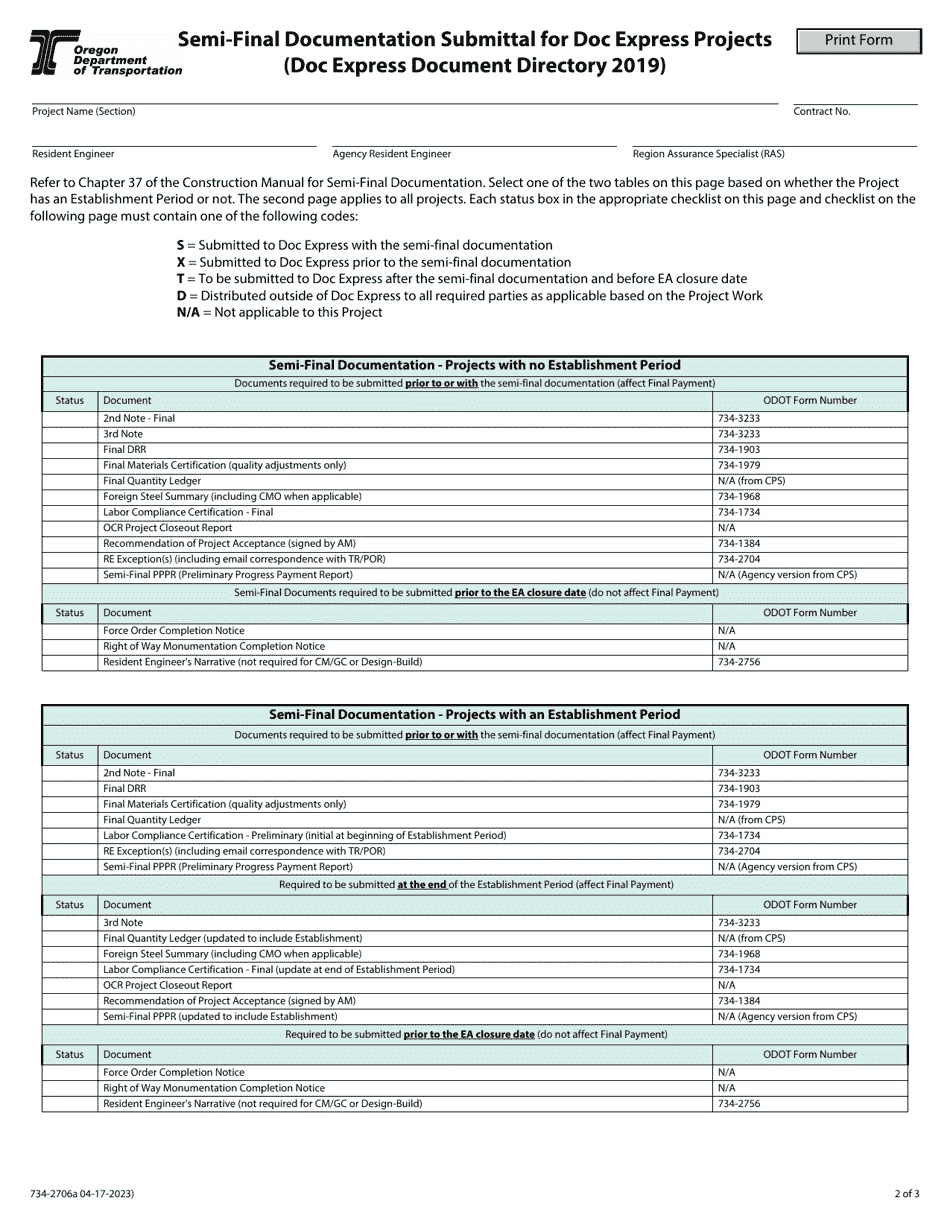 Form 734-2706A Semi-final Documentation Submittal for Doc Express Projects (Doc Express Document Directory 2019) - Oregon, Page 2