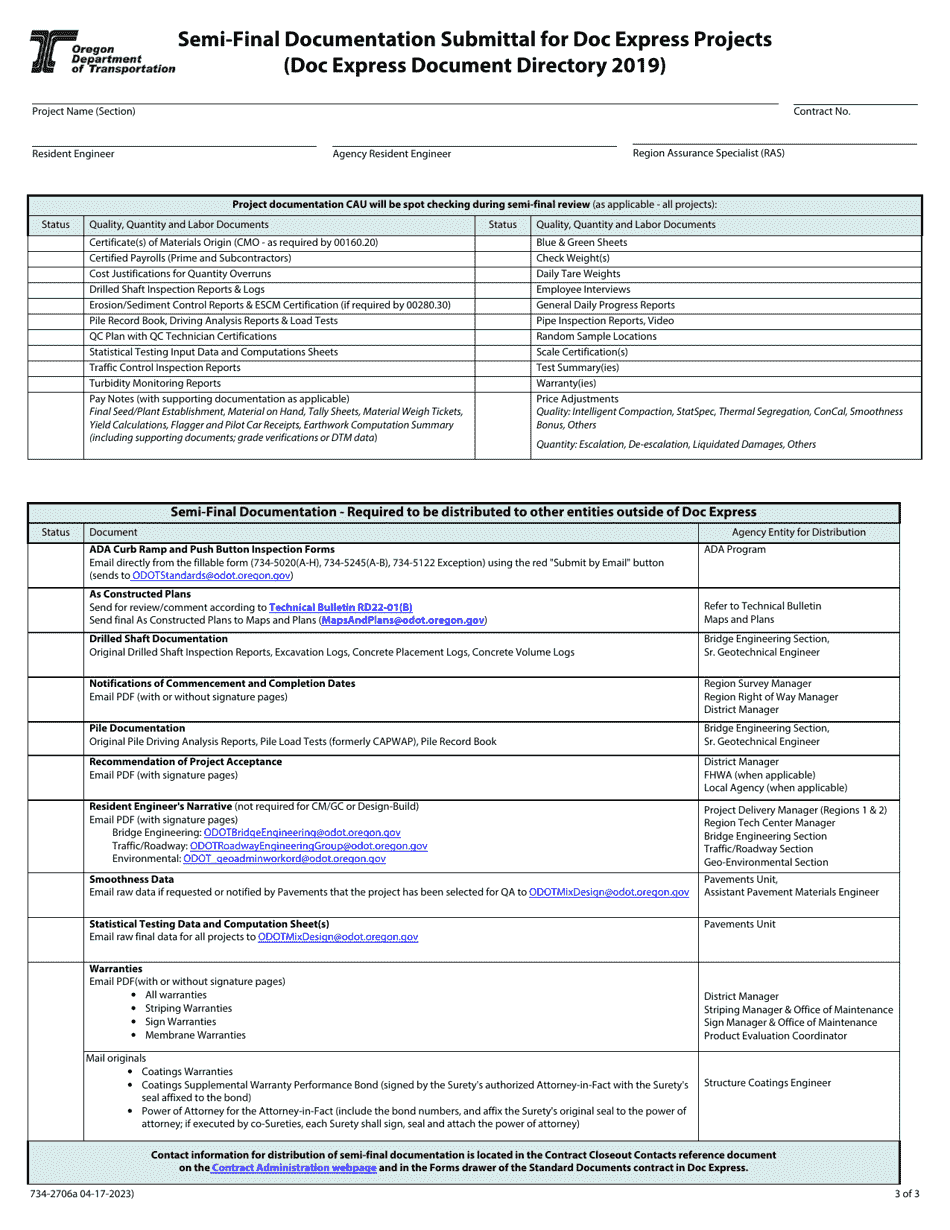 Form 734-2706A Semi-final Documentation Submittal for Doc Express Projects (Doc Express Document Directory 2019) - Oregon, Page 3
