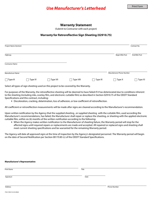 Form 734-5140 Warranty for Retroreflective Sign Sheeting - Oregon