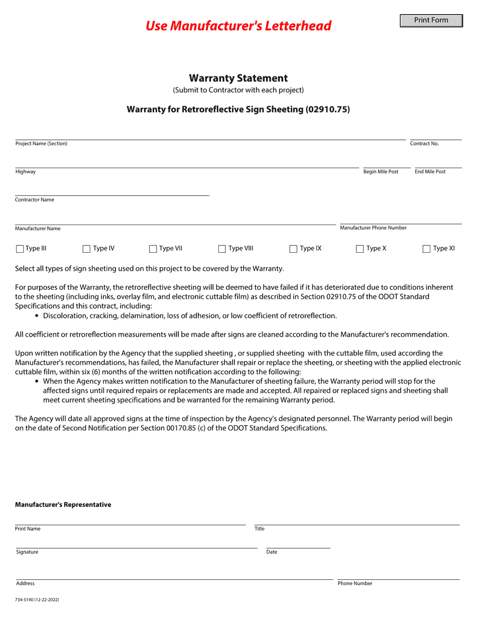 Form 734-5140 Warranty for Retroreflective Sign Sheeting - Oregon, Page 1