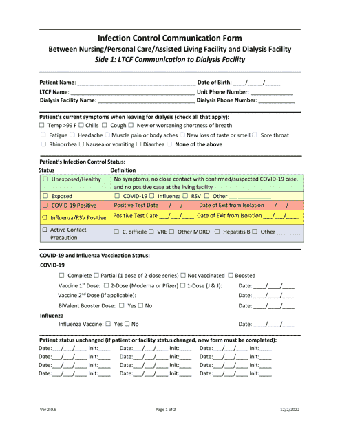 Infection Control Communication Form Between Nursing/Personal Care/Assisted Living Facility and Dialysis Facility - Texas