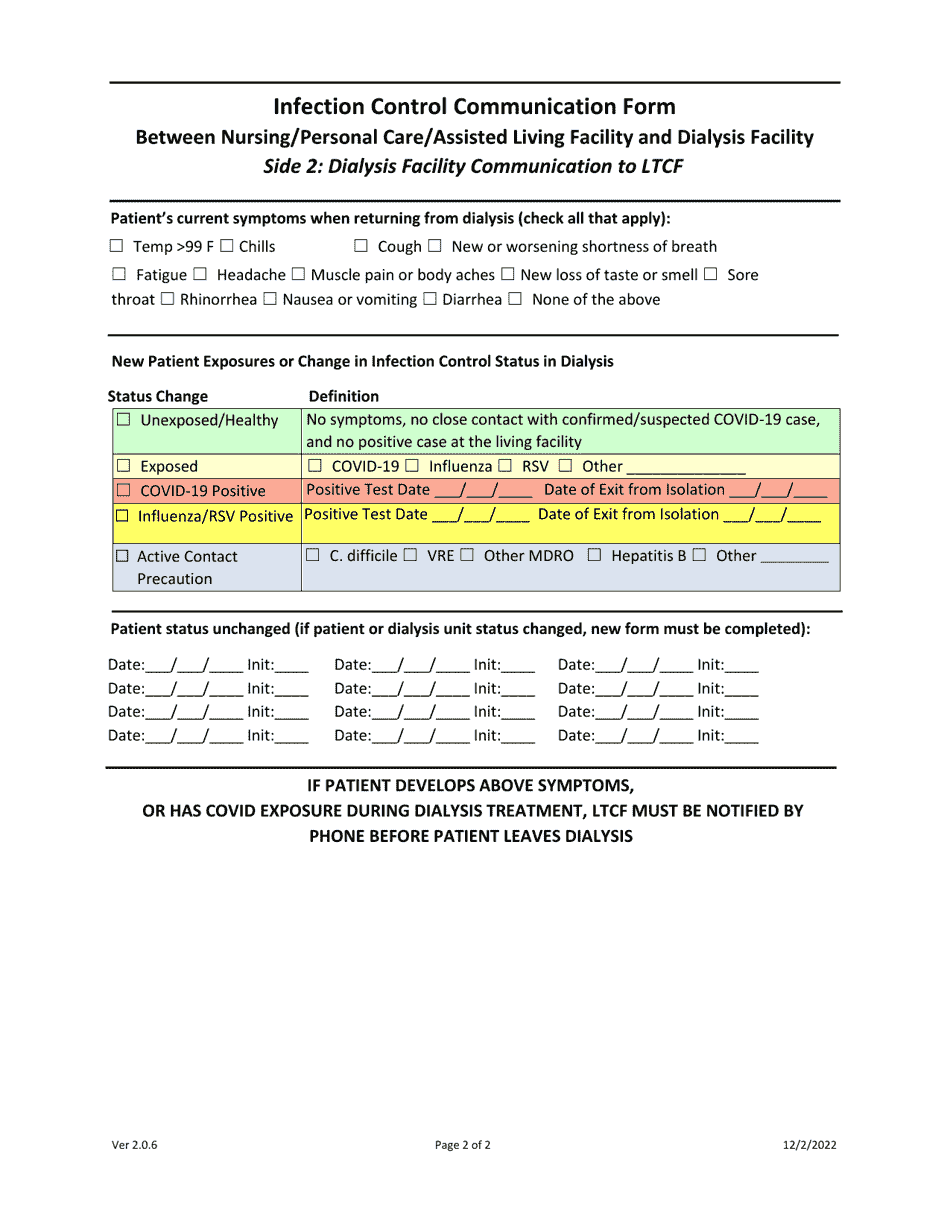 Infection Control Communication Form Between Nursing / Personal Care / Assisted Living Facility and Dialysis Facility - Texas, Page 2