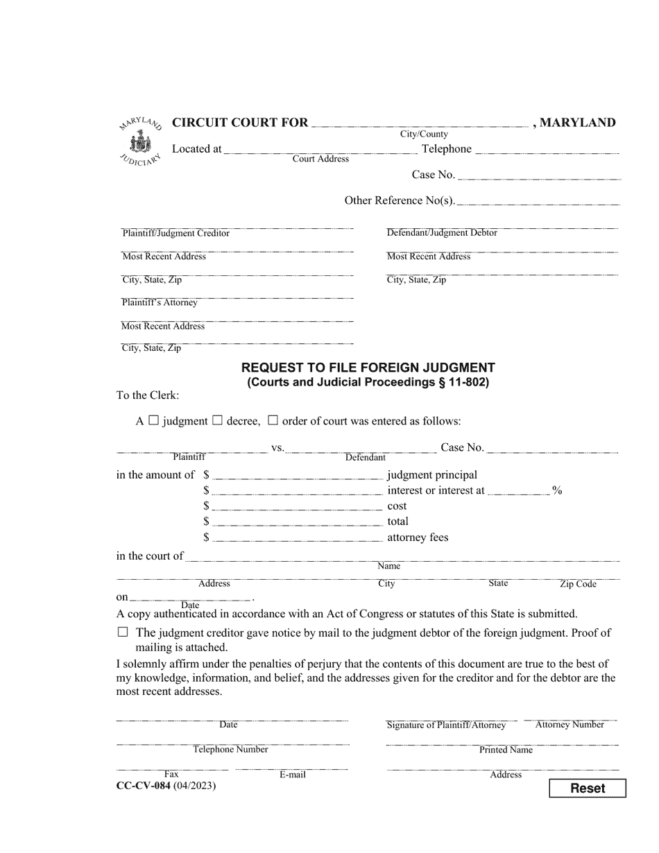Form CC-CV-084 Request to File Foreign Judgment - Maryland, Page 1