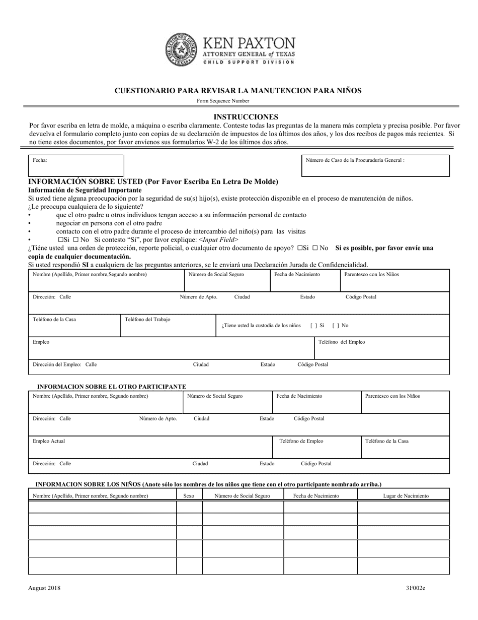 Formulario 3F002E Cuestionario Para Revisar La Manutencion Para Ninos - Texas (Spanish), Page 2