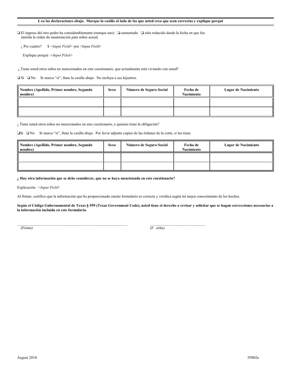 Formulario 3F002E Cuestionario Para Revisar La Manutencion Para Ninos - Texas (Spanish), Page 4