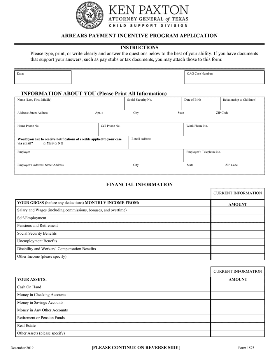 Form 1575 Arrears Payment Incentive Program Application - Texas, Page 1