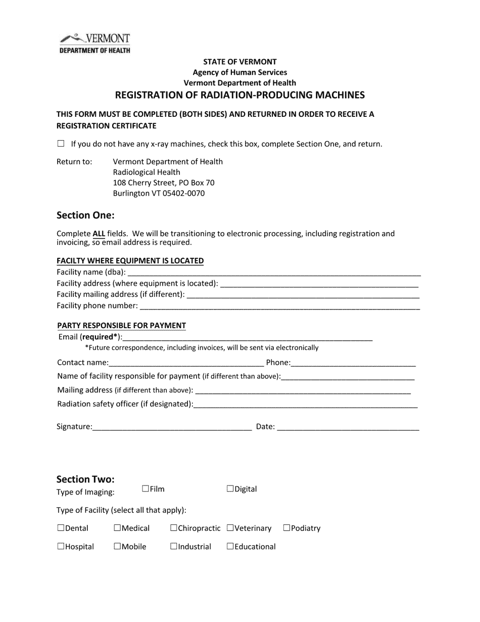 Registration of Radiation-Producing Machines - Vermont, Page 1