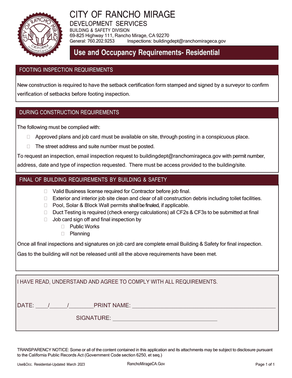 Use and Occupancy Requirements - Residential - City of Rancho Mirage, California, Page 1