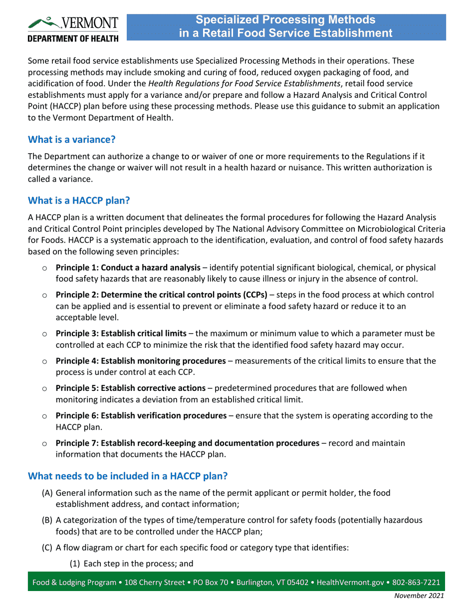 Application for a Specialized Processing Method - Vermont, Page 1