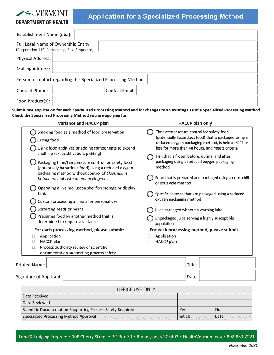 Application for a Specialized Processing Method - Vermont, Page 4