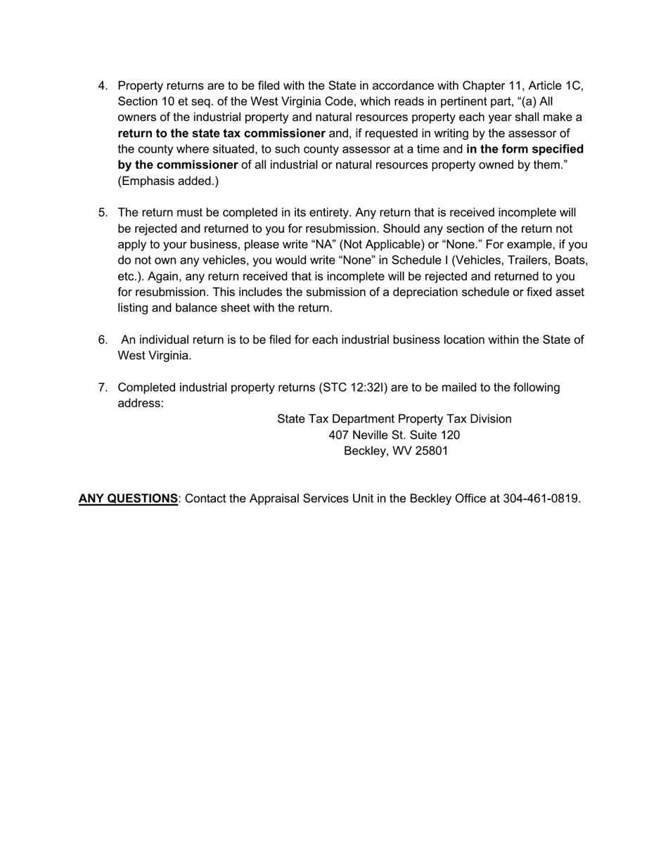 Instructions for Form STC12:32I Industrial Business Property Return - West Virginia, Page 4