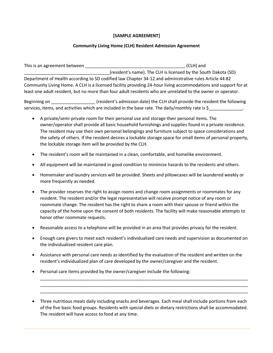 Community Living Home (Clh) Resident Admission Agreement - South Dakota, Page 1