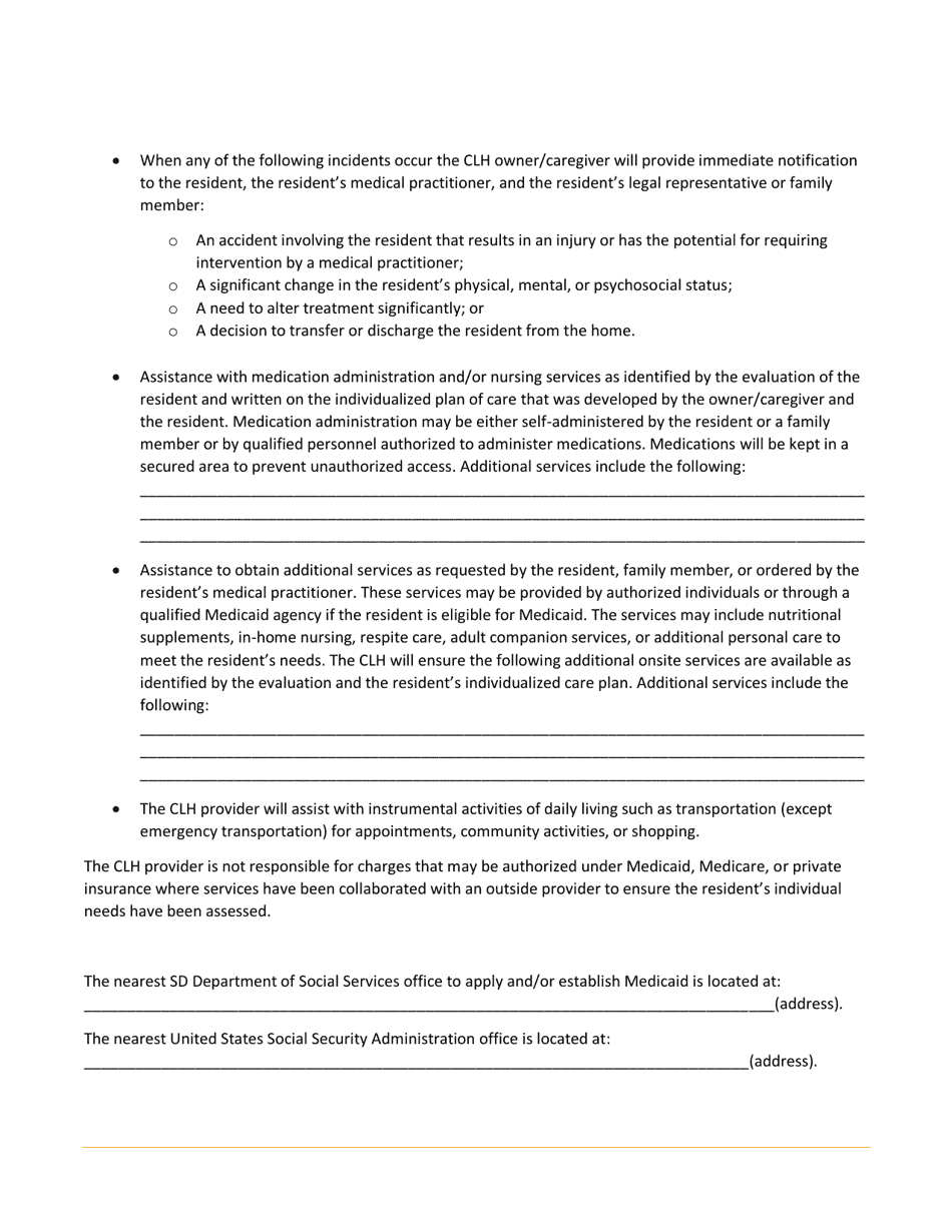 South Dakota Community Living Home (Clh) Resident Admission Agreement ...