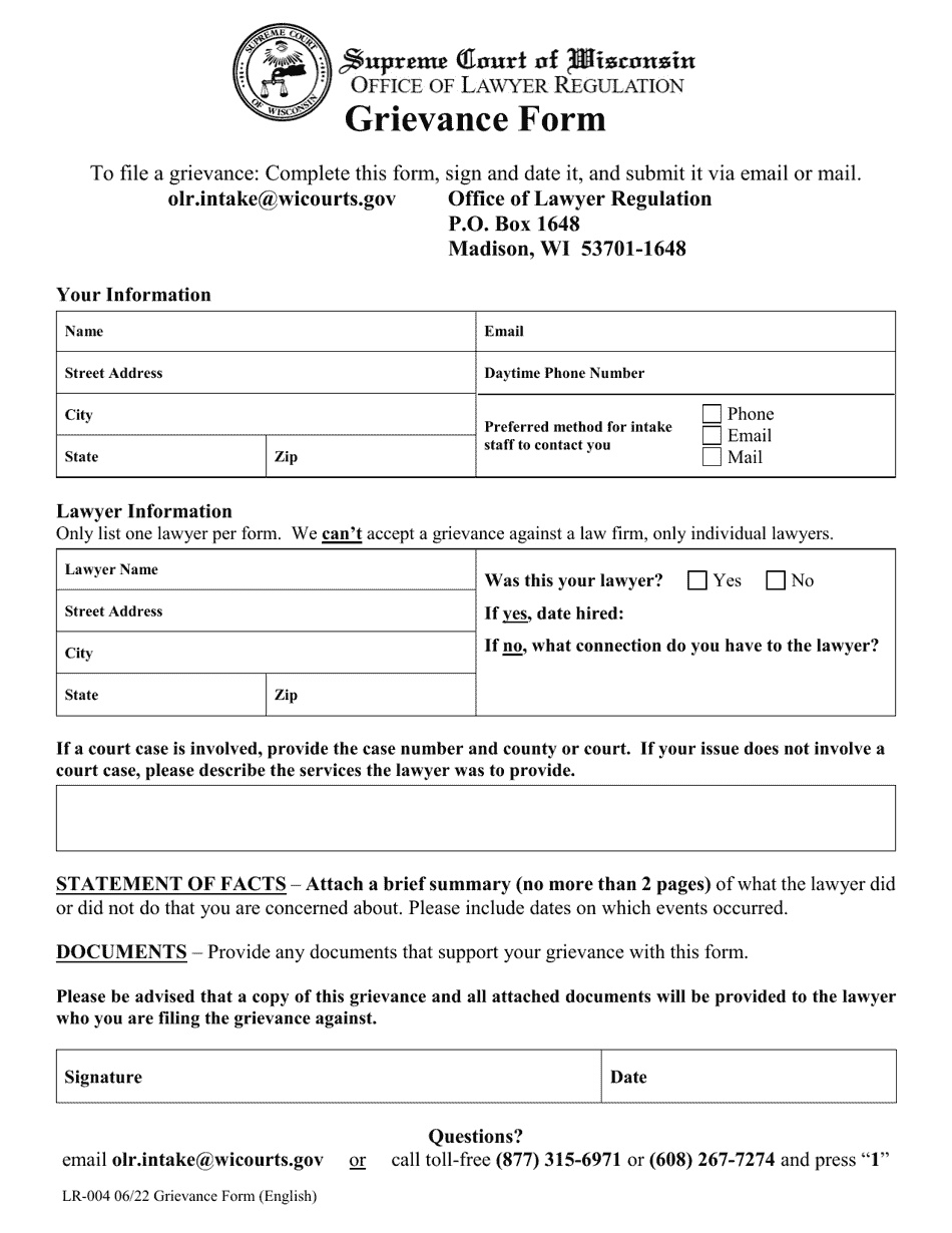 Form LR-004 Grievance Form - Wisconsin, Page 1