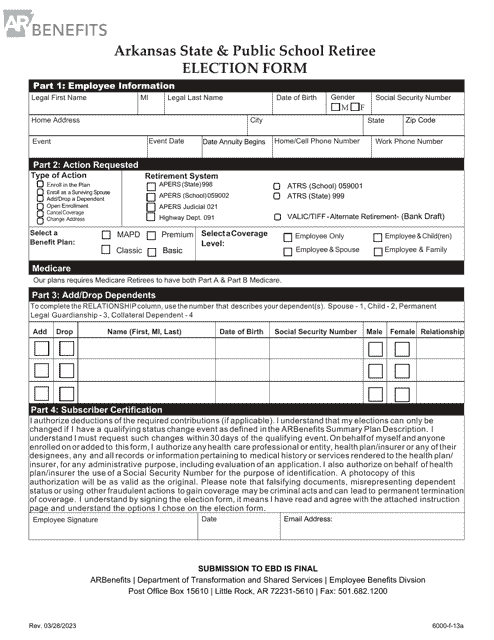 Form 6000-F-13A Arkansas State & Public School Retiree Election Form - Arkansas