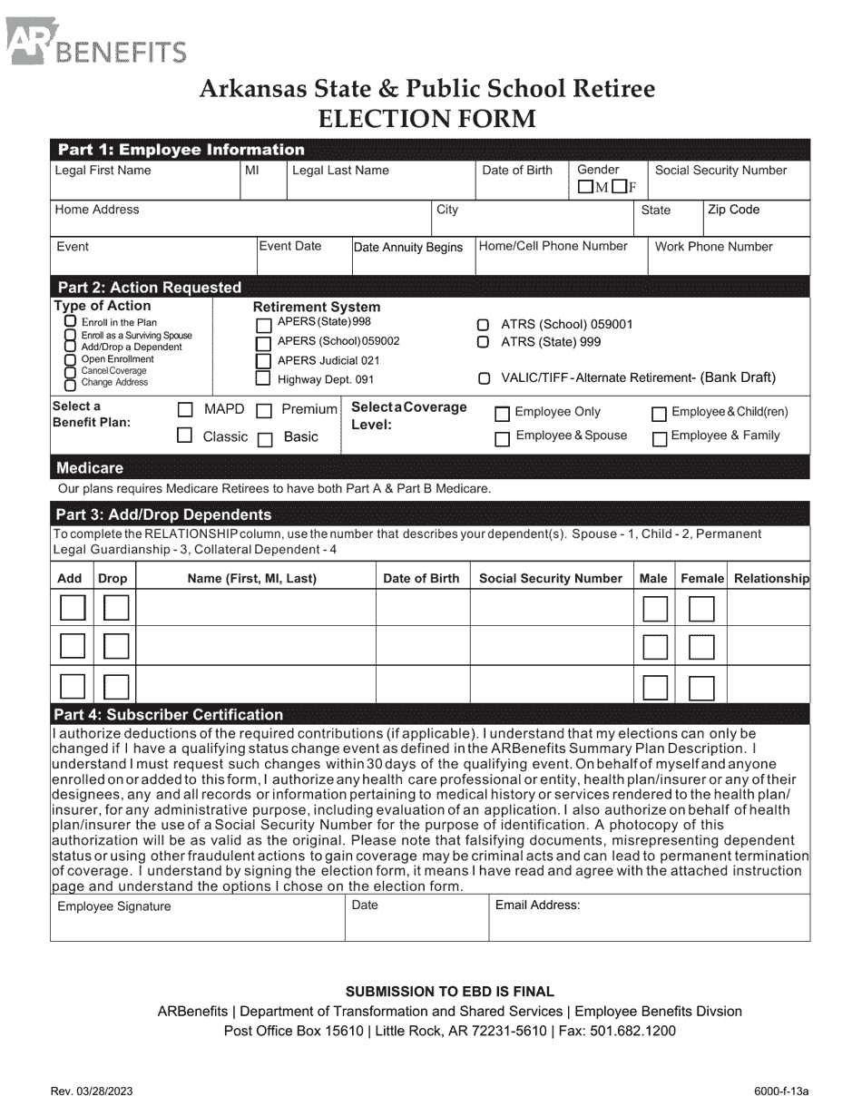 Form 6000-F-13A Arkansas State  Public School Retiree Election Form - Arkansas, Page 1