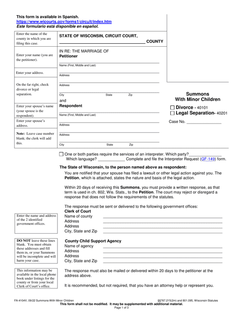 Form FA-4104V Summons With Minor Children - Wisconsin