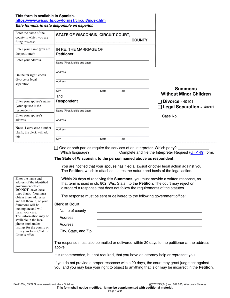 Form FA-4105V Summons Without Minor Children - Wisconsin, Page 1