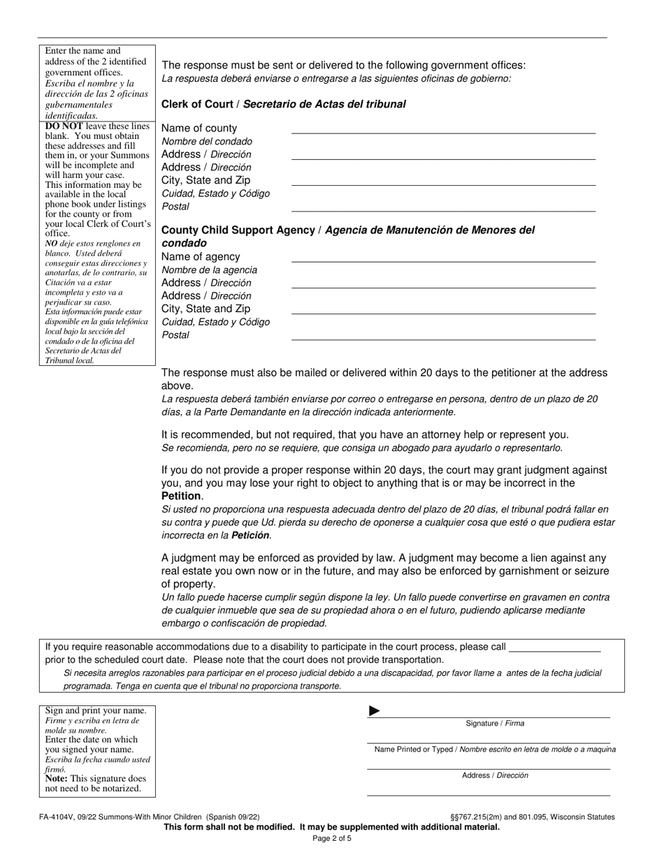 Form FA-4104V Summons With Minor Children - Wisconsin (English / Spanish), Page 2