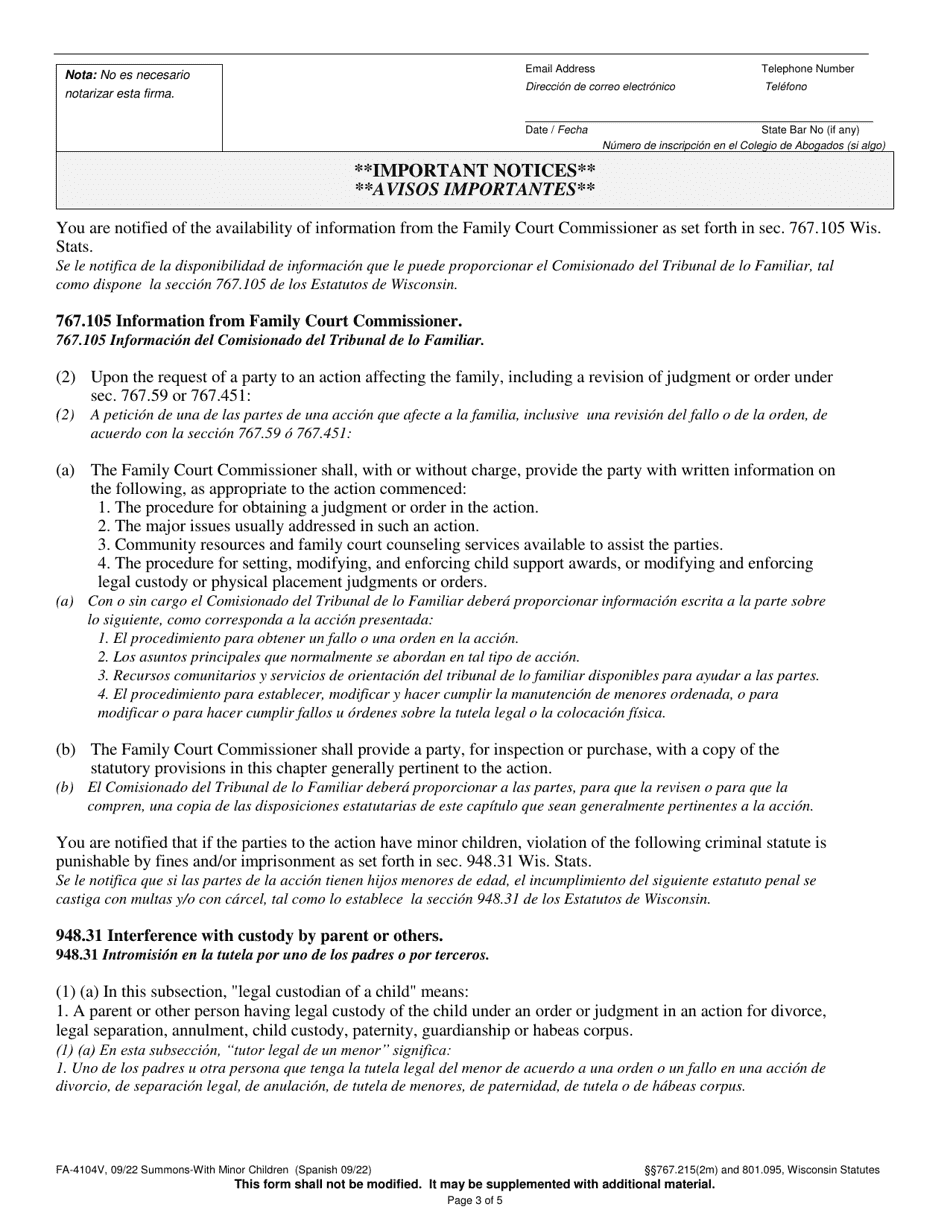 Form FA-4104V Summons With Minor Children - Wisconsin (English / Spanish), Page 3