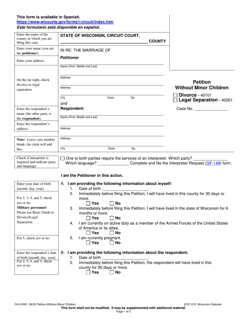 Form FA-4109V Petition Without Minor Children - Wisconsin, Page 1