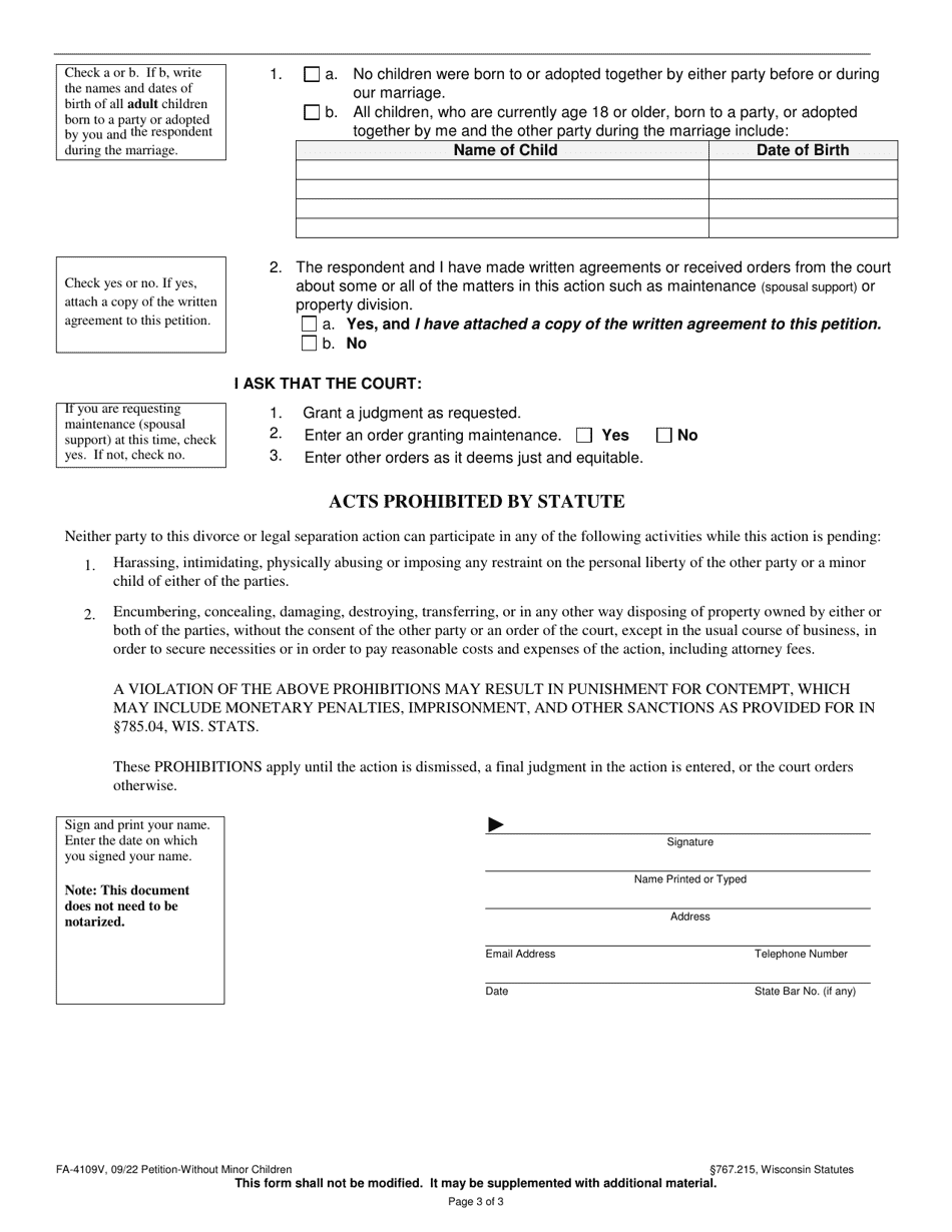 Form FA-4109V Petition Without Minor Children - Wisconsin, Page 3