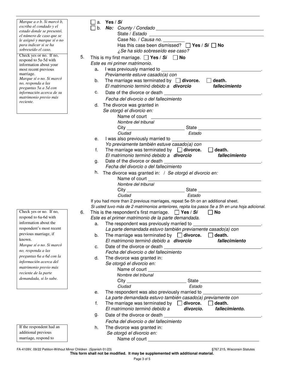 Form FA-4109V Petition Without Minor Children - Wisconsin (English / Spanish), Page 3