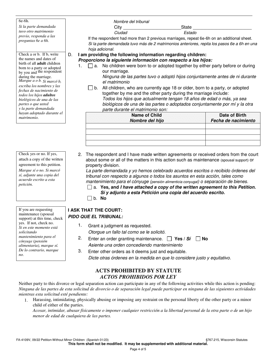 Form FA-4109V Petition Without Minor Children - Wisconsin (English / Spanish), Page 4