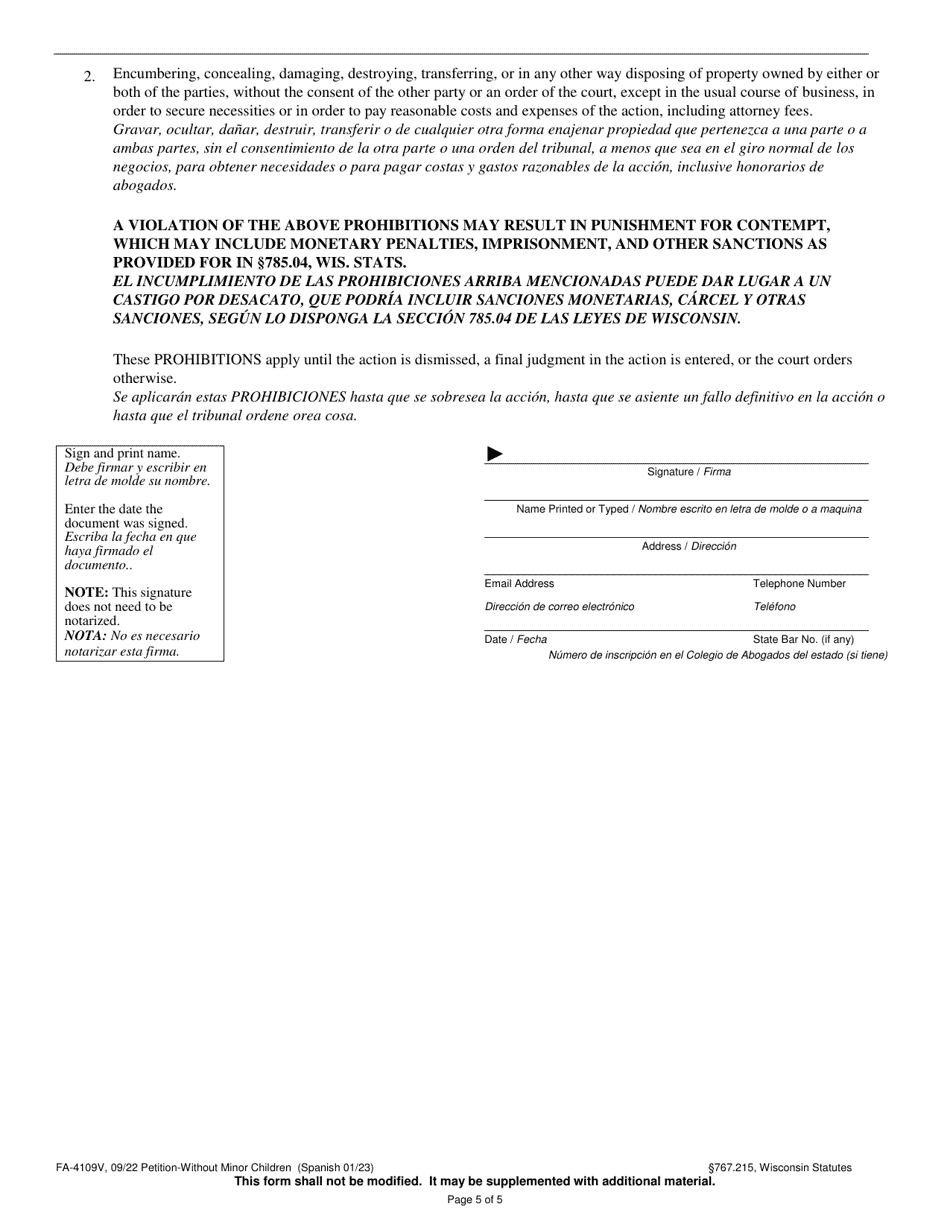 Form FA-4109V Petition Without Minor Children - Wisconsin (English / Spanish), Page 5
