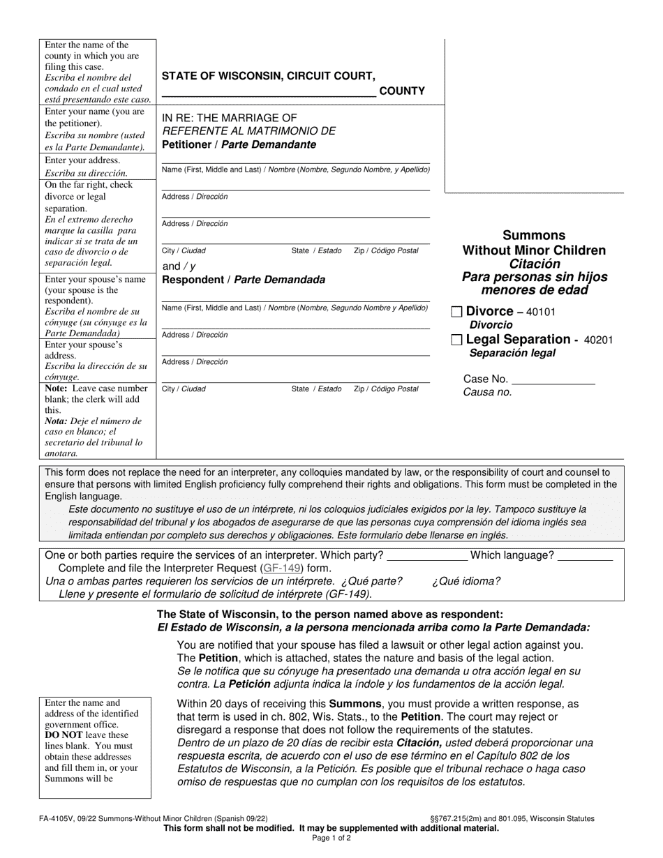 Form FA-4105V Summons Without Minor Children - Wisconsin (English / Spanish), Page 1