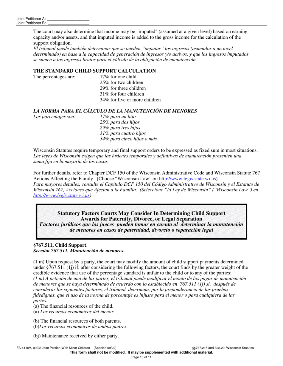 Form FA-4110V Joint Petition With Minor Children - Wisconsin (English / Spanish), Page 10