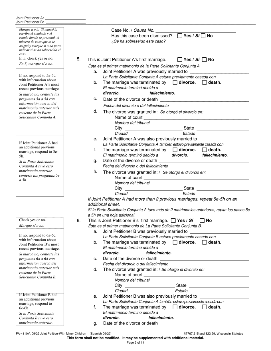Form FA-4110V Joint Petition With Minor Children - Wisconsin (English / Spanish), Page 3