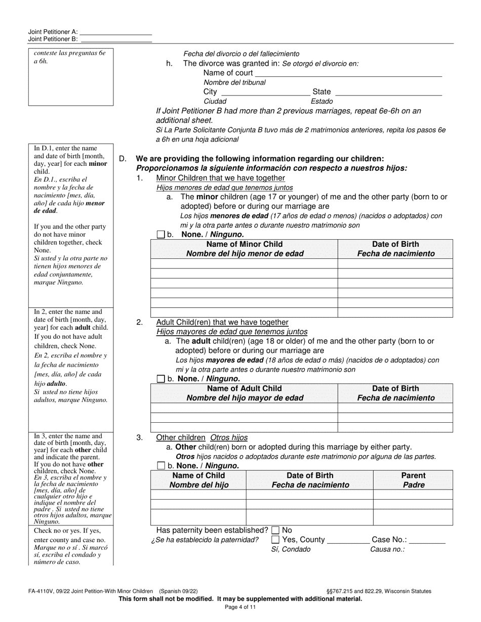 Form FA-4110V Joint Petition With Minor Children - Wisconsin (English / Spanish), Page 4
