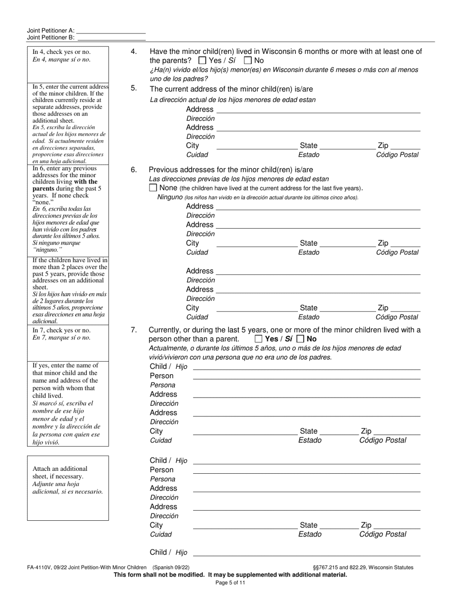 Form FA-4110V Joint Petition With Minor Children - Wisconsin (English / Spanish), Page 5