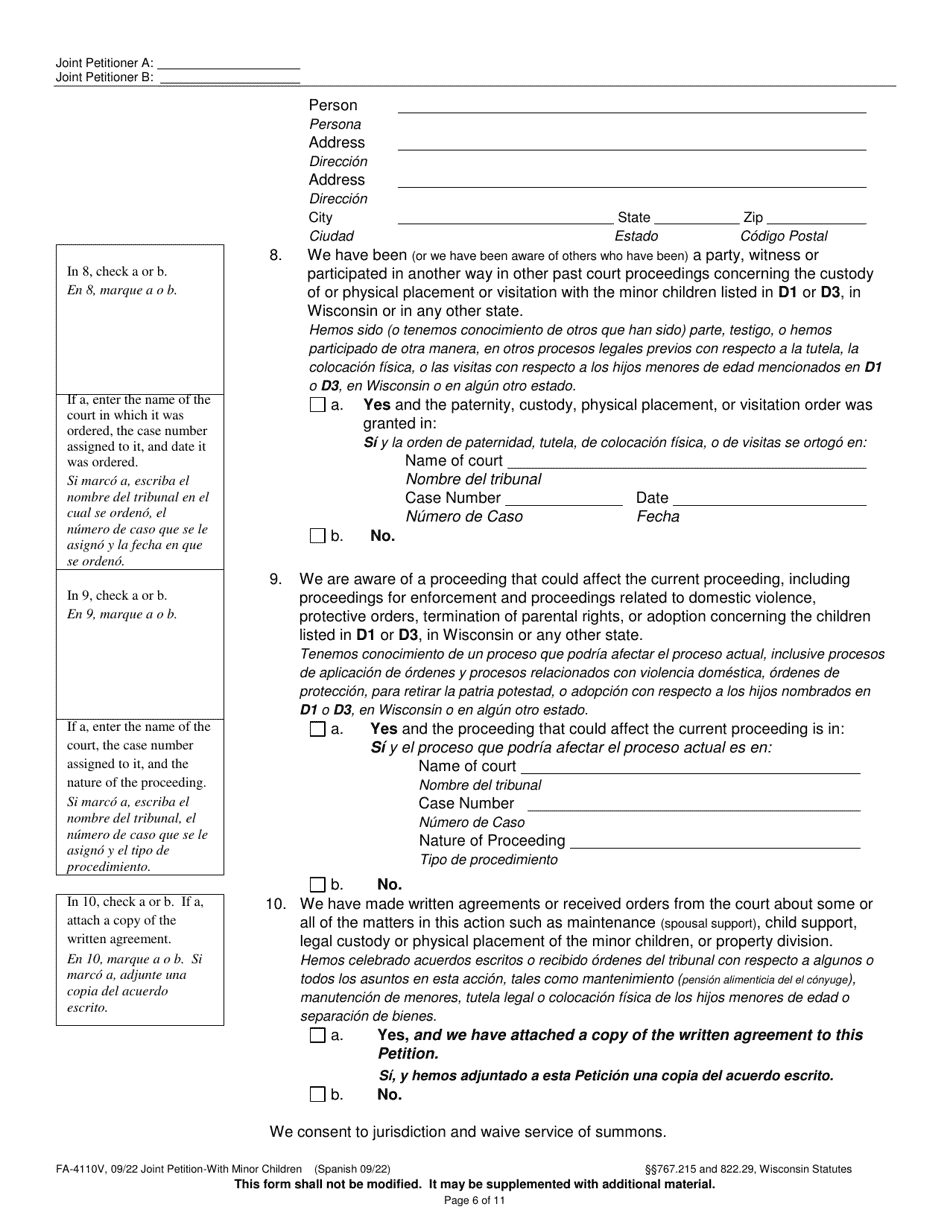 Form FA-4110V Joint Petition With Minor Children - Wisconsin (English / Spanish), Page 6