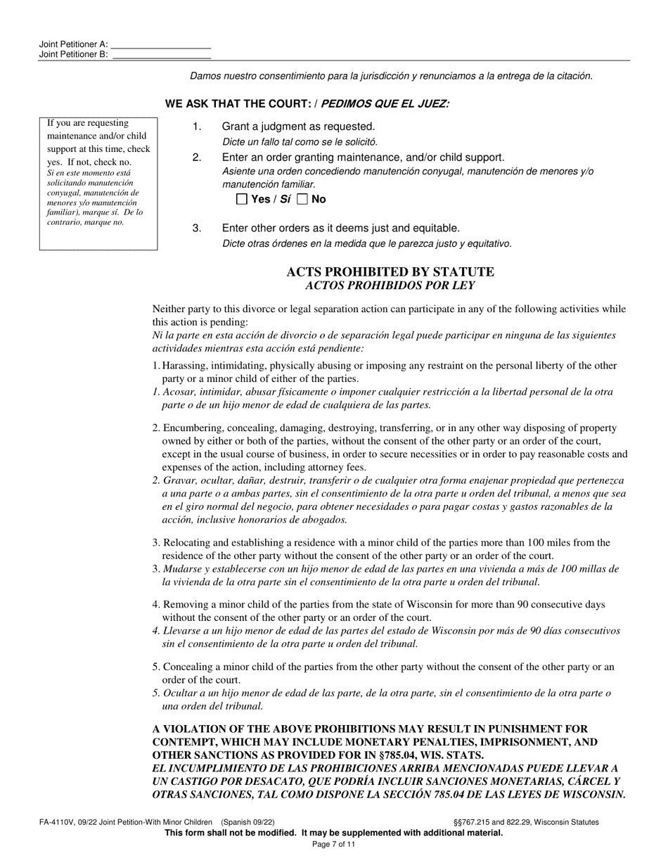 Form FA-4110V Joint Petition With Minor Children - Wisconsin (English / Spanish), Page 7